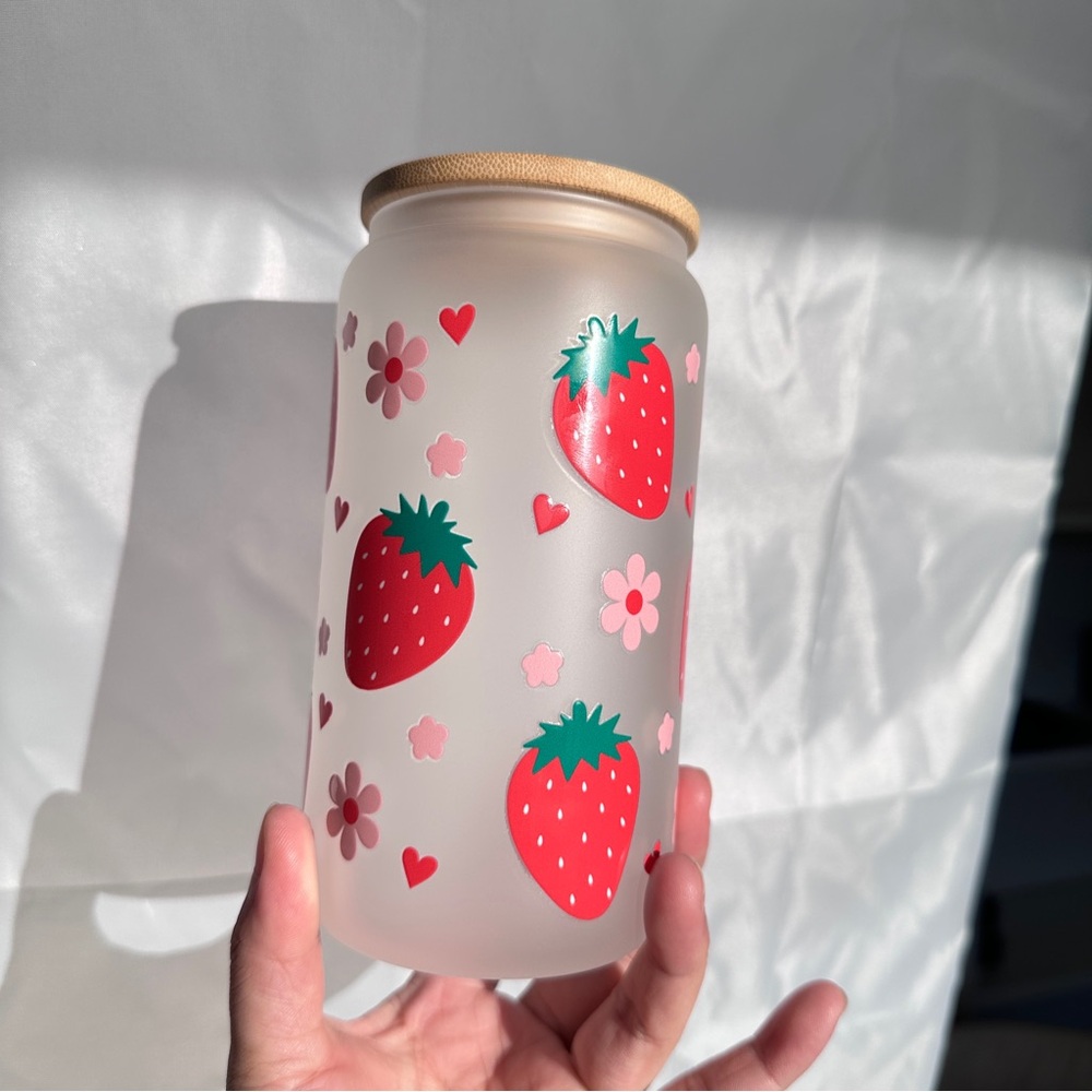 16oz Strawberry Floral Frosted Glass Tumbler bamboo lid with Straw New